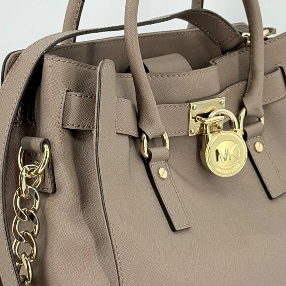 Michael Kors Taupe Saffiano Leather Satchel Hand/Shoulder Bag Large w/Gold Lock - Picture 3 of 15